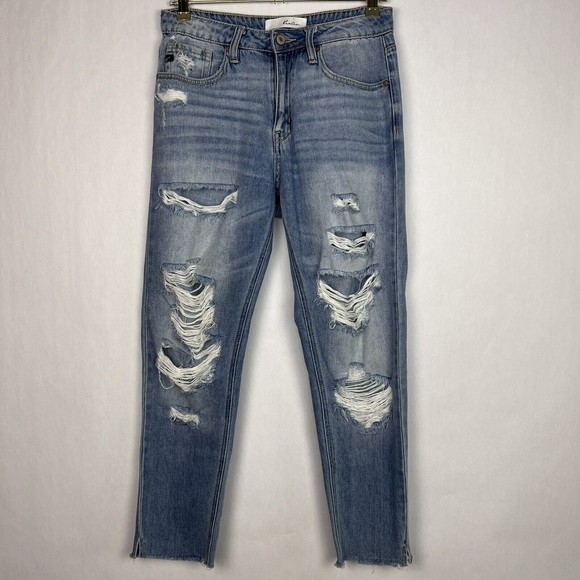 Kancan Jeans Womens 5/26 Light Wash Mid Rise Distressed Destroyed Tapered Denim - Picture 1 of 14
